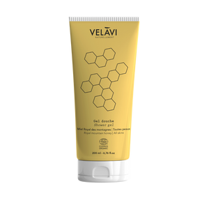 Velavi gel douche sans sulfate au miel, certifié bio, et produit en Auvergne. 